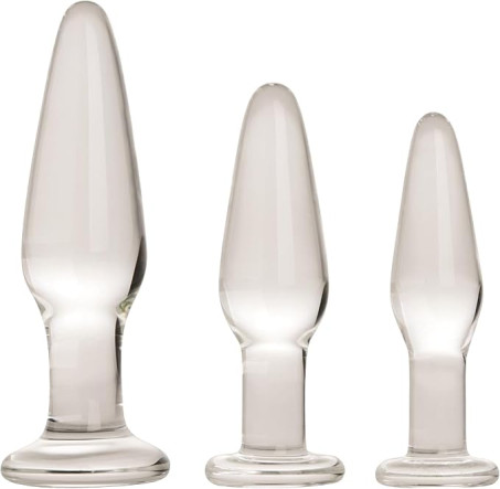 Adam and Eve Glass Anal Plug Set of 3, Hypoallergenic Non Porous Butt Plugs Smooth Tempered Borosilicate Glass for Backdoor Training and Temperature Pla